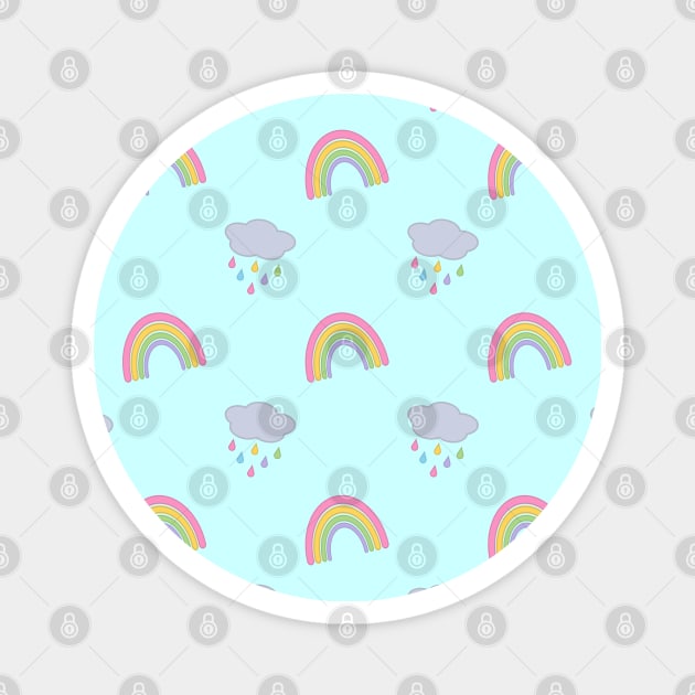 Rainbow and Rain Clouds Pattern in Blue Magnet by Kelly Gigi